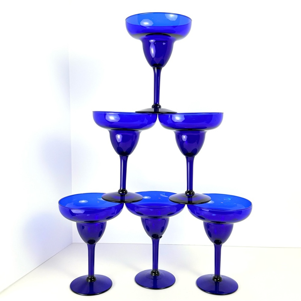 Vintage Set Of 6 Pier 1 Cobalt Blue Margarita Glasses Elegant Stemware Bar Cart